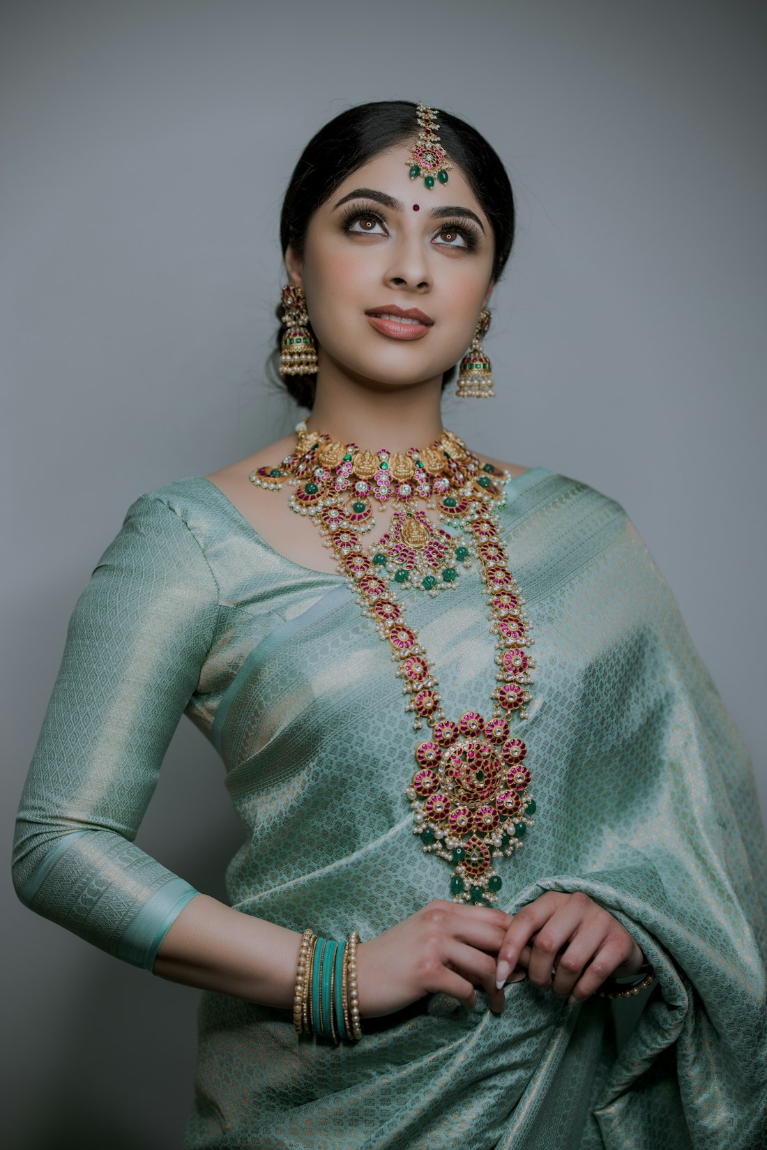 Green silk saree look