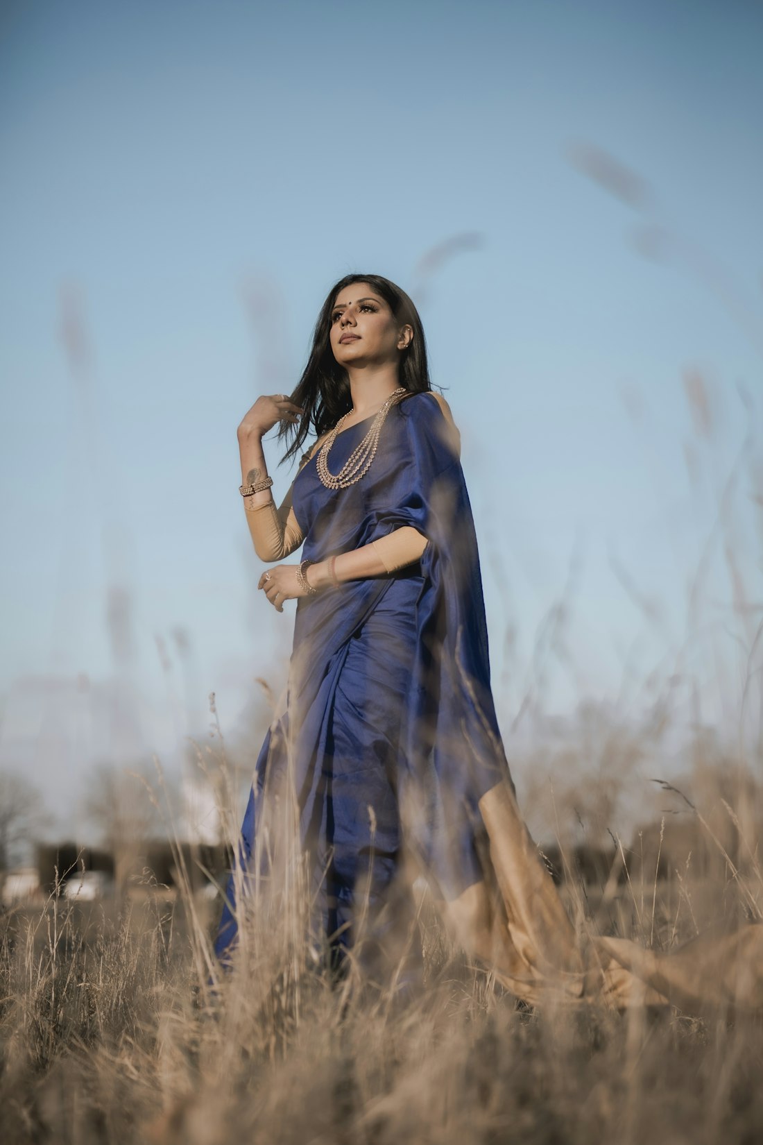Blue tissue saree look